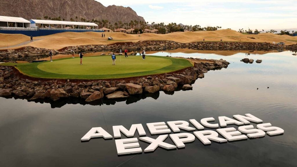 American Express sign in water near green at PGA West