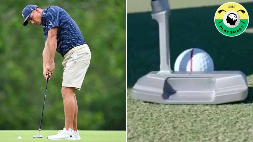 bryson dechambeau putts during the LIV Golf Invitational at The Greenbrier in 2023 next to zoomed in shot of his putter and ball