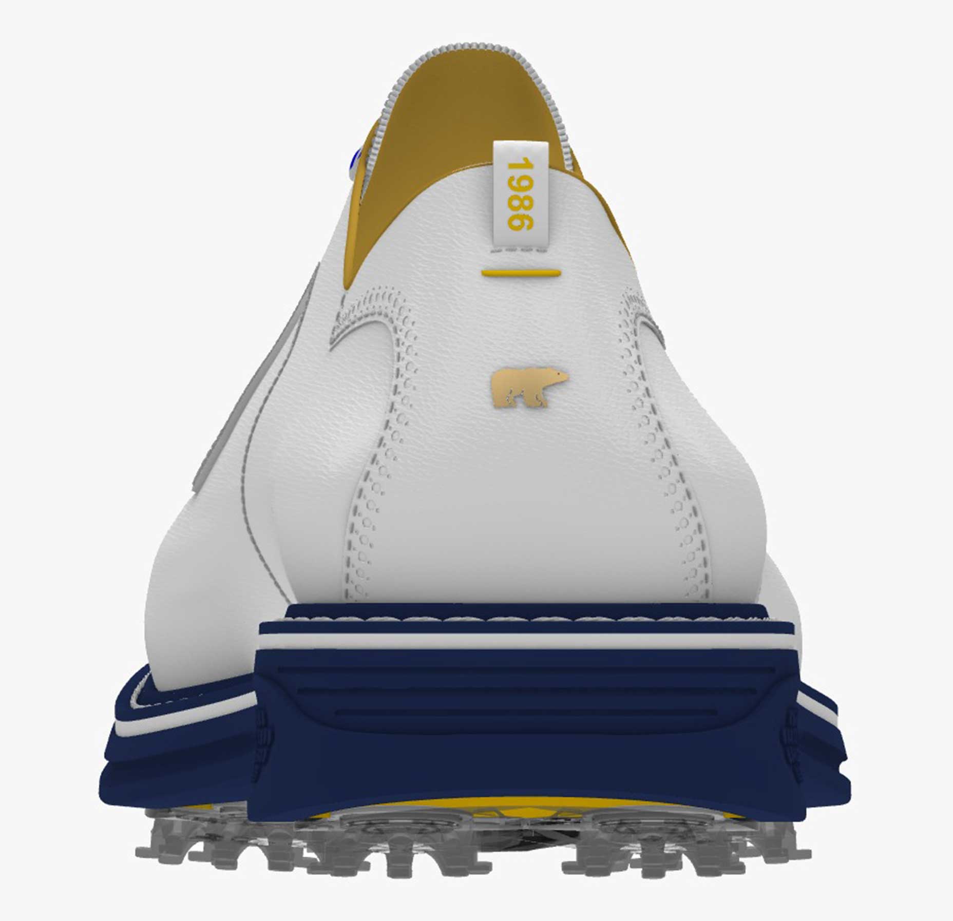 a golden bear logo on a golf shoe