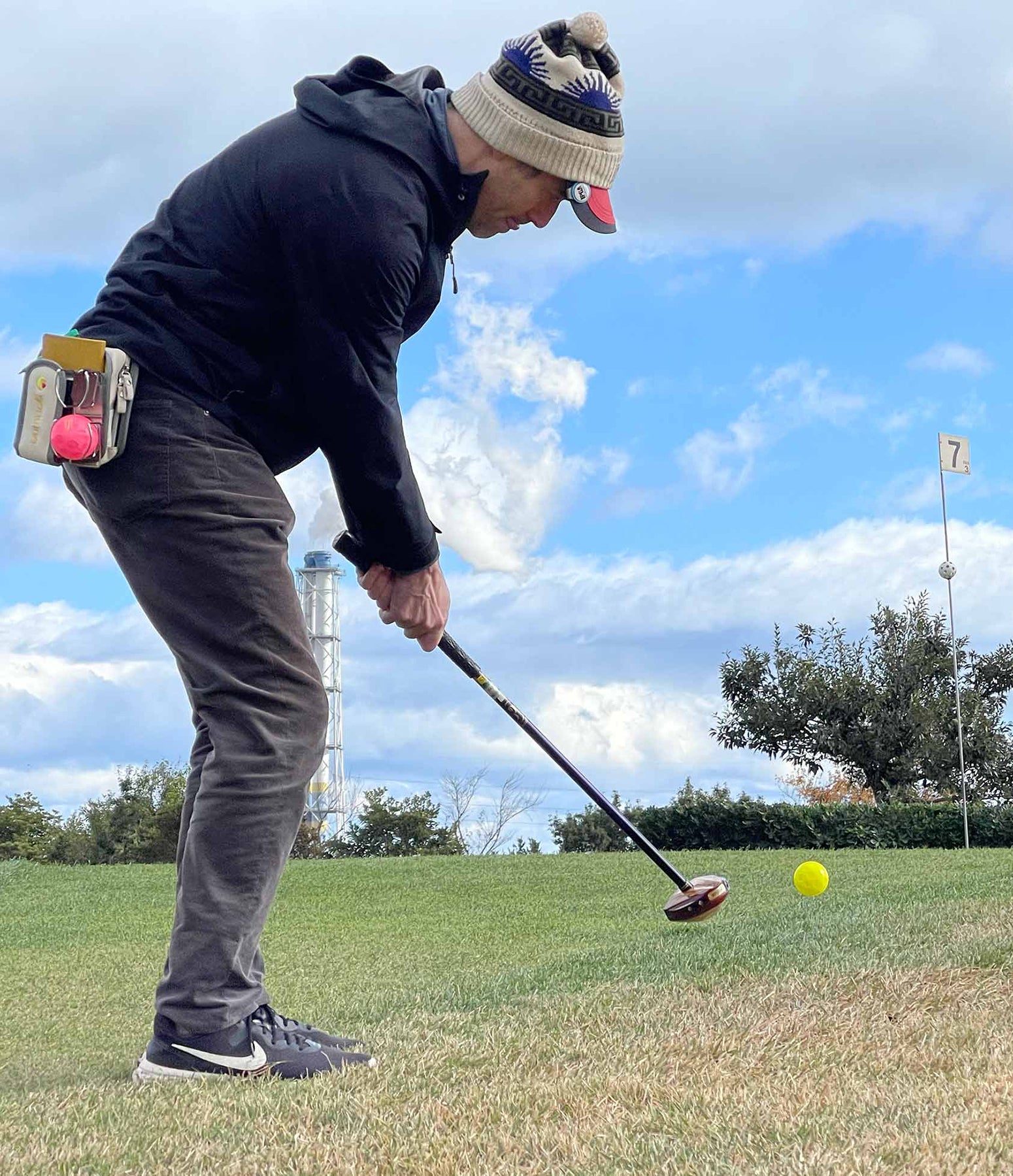 A golfer tees off at the All-Japan Park Golf Championship