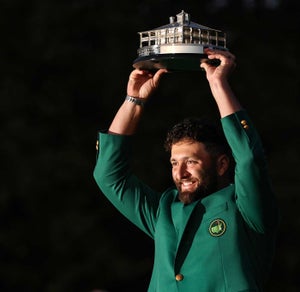 Jon Rahm celebrates with the Masters trophy during the Green Jacket Ceremony after winning the 2023 Masters.
