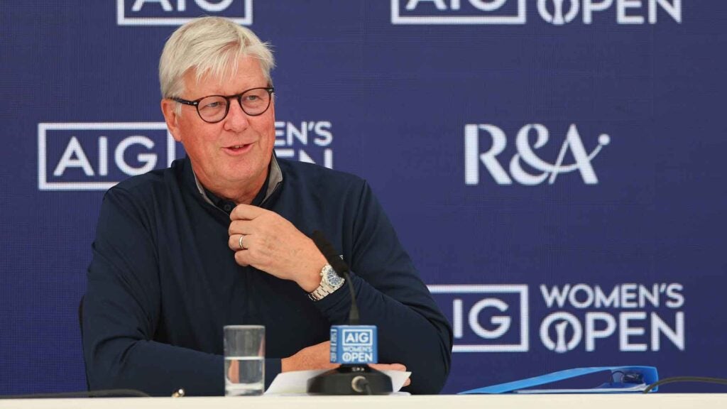 Martin Slumbers, Chief Executive of The R&A, speaks during a press conference at the AIG Women's Open at Walton Heath Golf Club on August 09, 2023 in Tadworth, England.