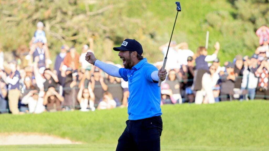 Matthieu Pavon screams in celebration after hitting the winning putt at the 2024 Farmers Insurance Open