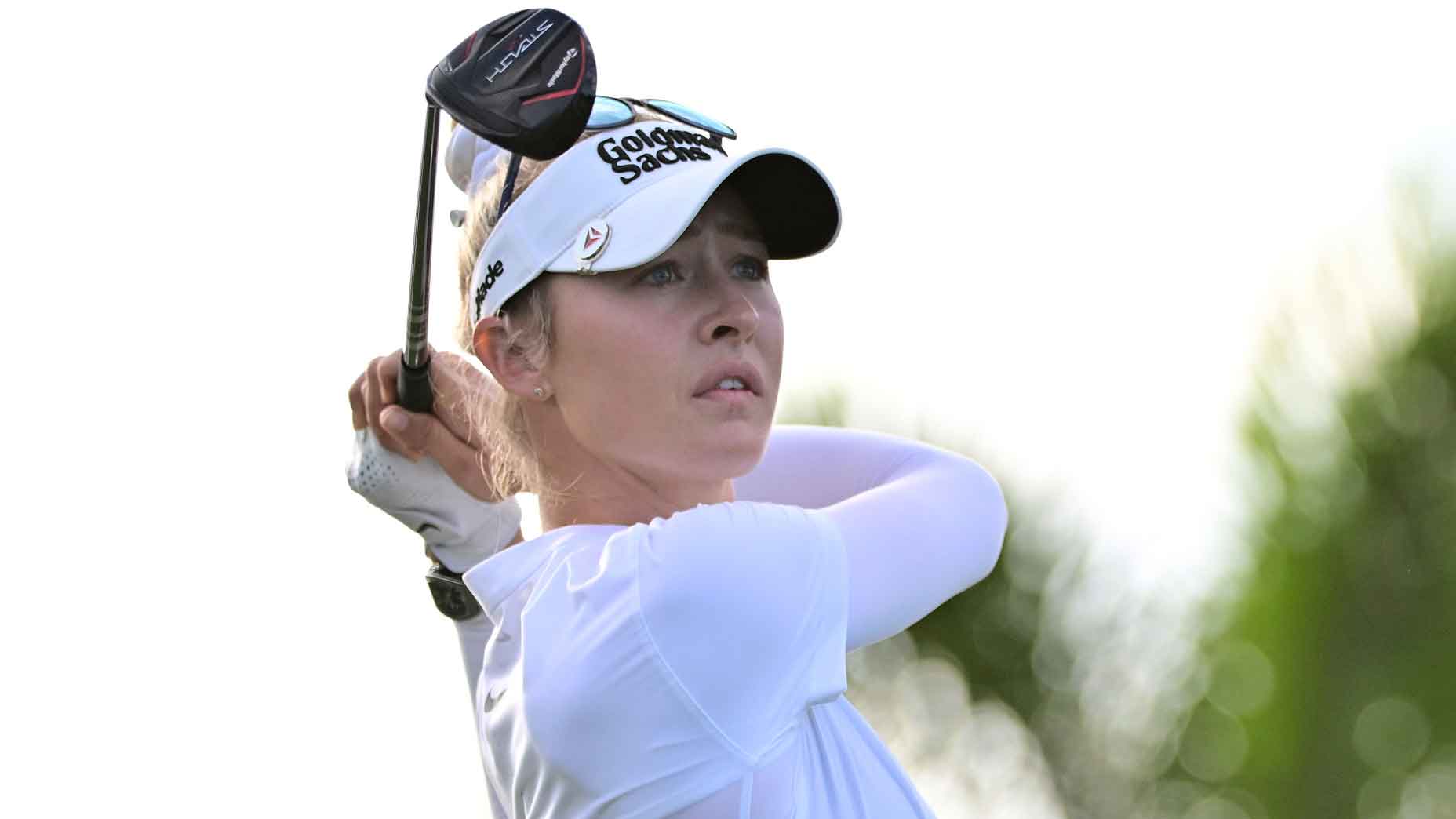 Nelly Korda of the United States plays her shot from the 17th tee during the third round of the LPGA Drive On Championship at Bradenton Country Club on January 27, 2024 in Bradenton, Florida.