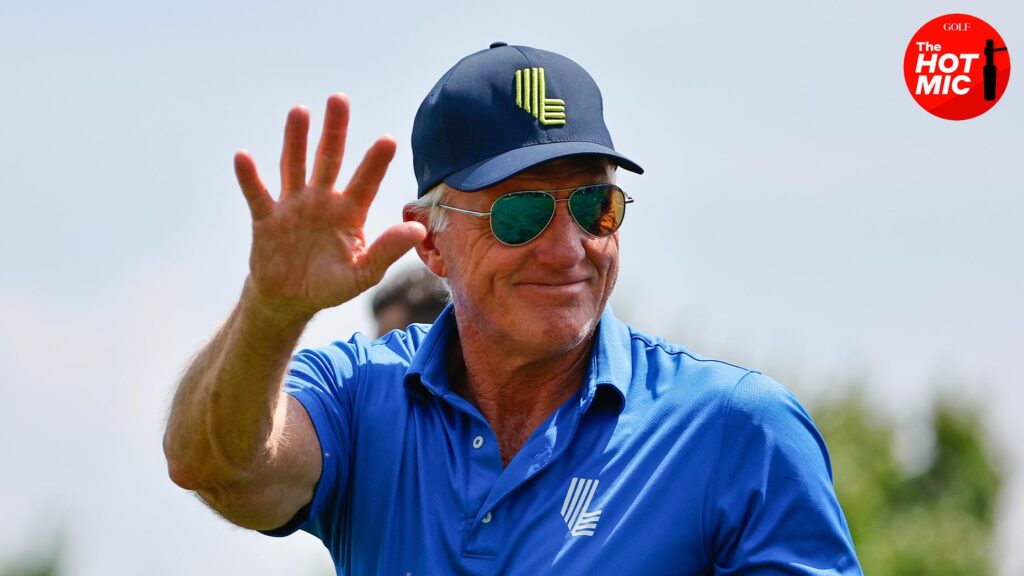 greg norman smiles and waves to golf fans at liv golf event