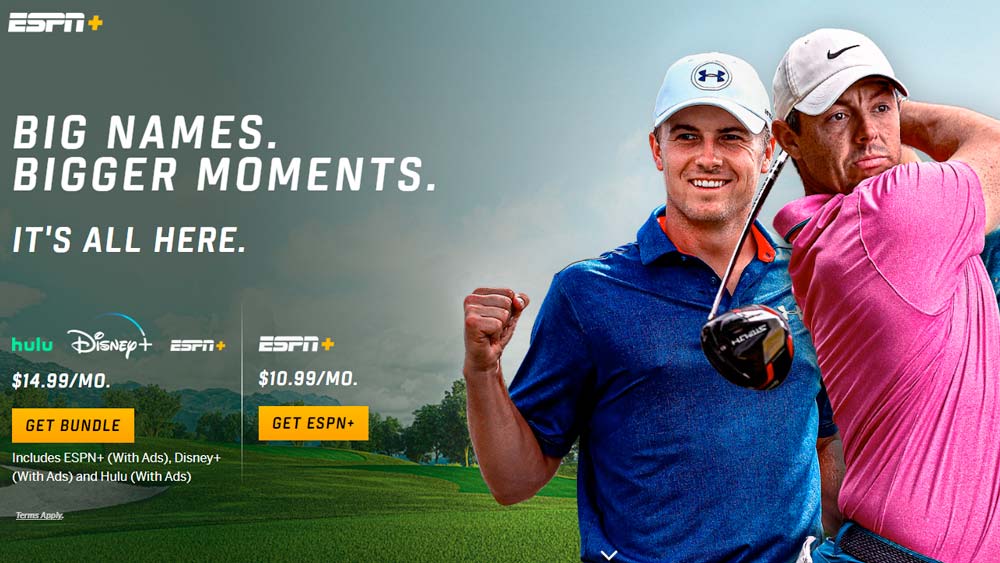 PGA Tour Live ad on ESPN+ with photos of Rory McIlroy and Jordan Spieth