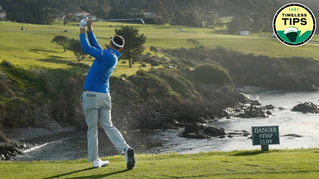 chase seiffert hits shot over cliff on 8th hole at pebble beach during 2020 pebble beach pro-am