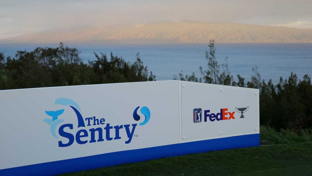 Signage on the 13th tee box at Kapalua's Plantation course for the 2024 Sentry