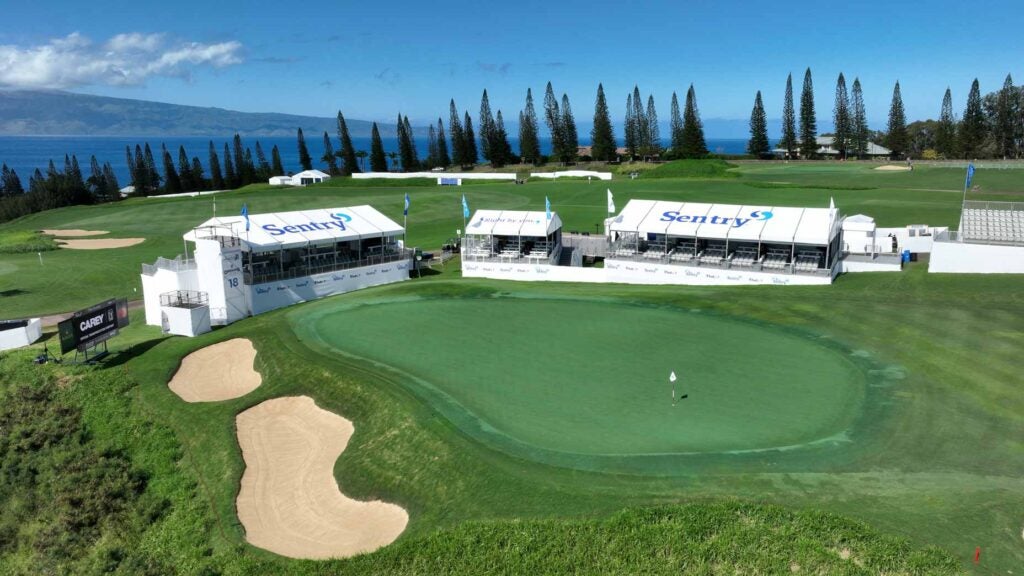 The 18th green at Kapalua's Plantation course ahead of the 2024 Sentry
