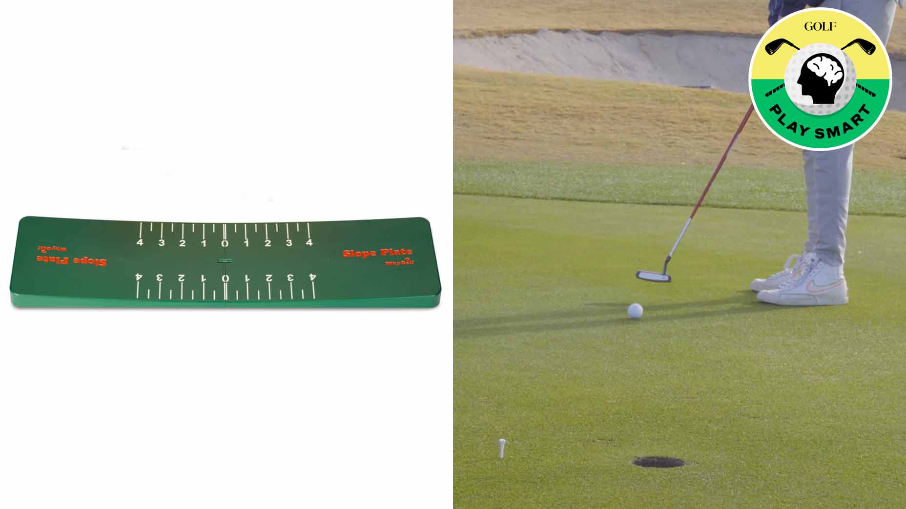 why golf's slope plate next to golfer rolling putt on a green toward a hole