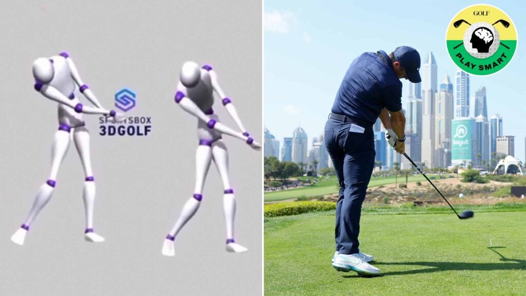 sportsbox ai avatars swing beside rory mcilroy swinging with the dubai skyline in the background
