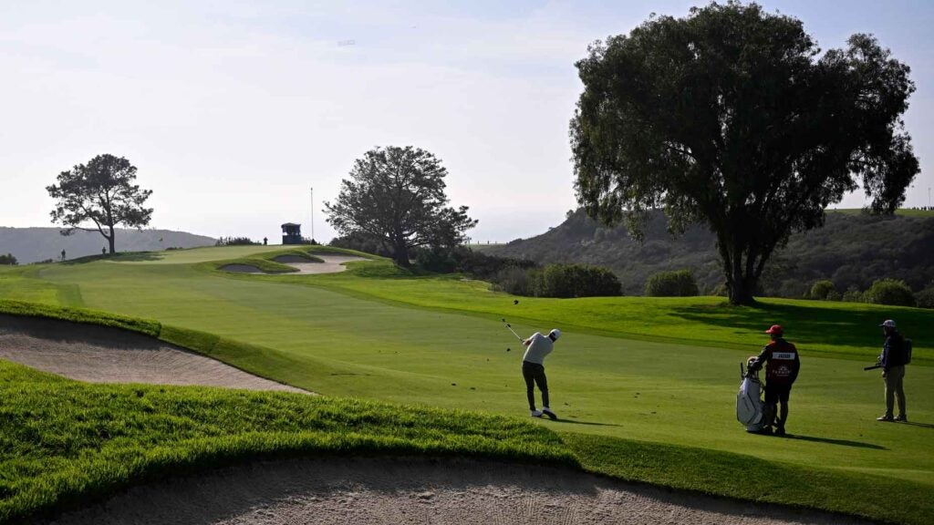A general view as Stephan Jaeger of Germany plays his shot on the seventh hole during the third round of the Farmers Insurance Open at Torrey Pines South Course on January 26, 2024 in La Jolla, California.