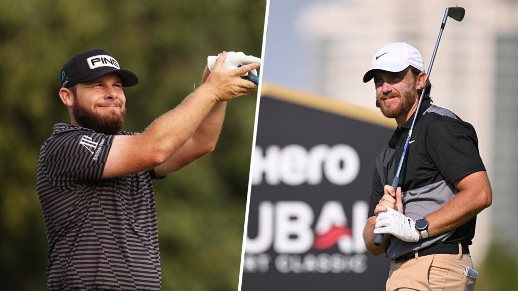 tyrrell hatton grimaces after bad drive in black shirt; tommy fleetwood stares down drive in black shirt