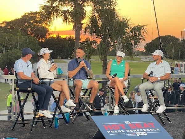 Rose Zhang, Rory McIlroy, Max Homa, and Lexi Thompson being interviewed prior to The Match