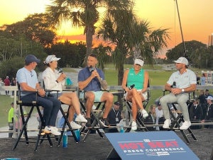 Rose Zhang, Rory McIlroy, Max Homa, and Lexi Thompson being interviewed prior to The Match