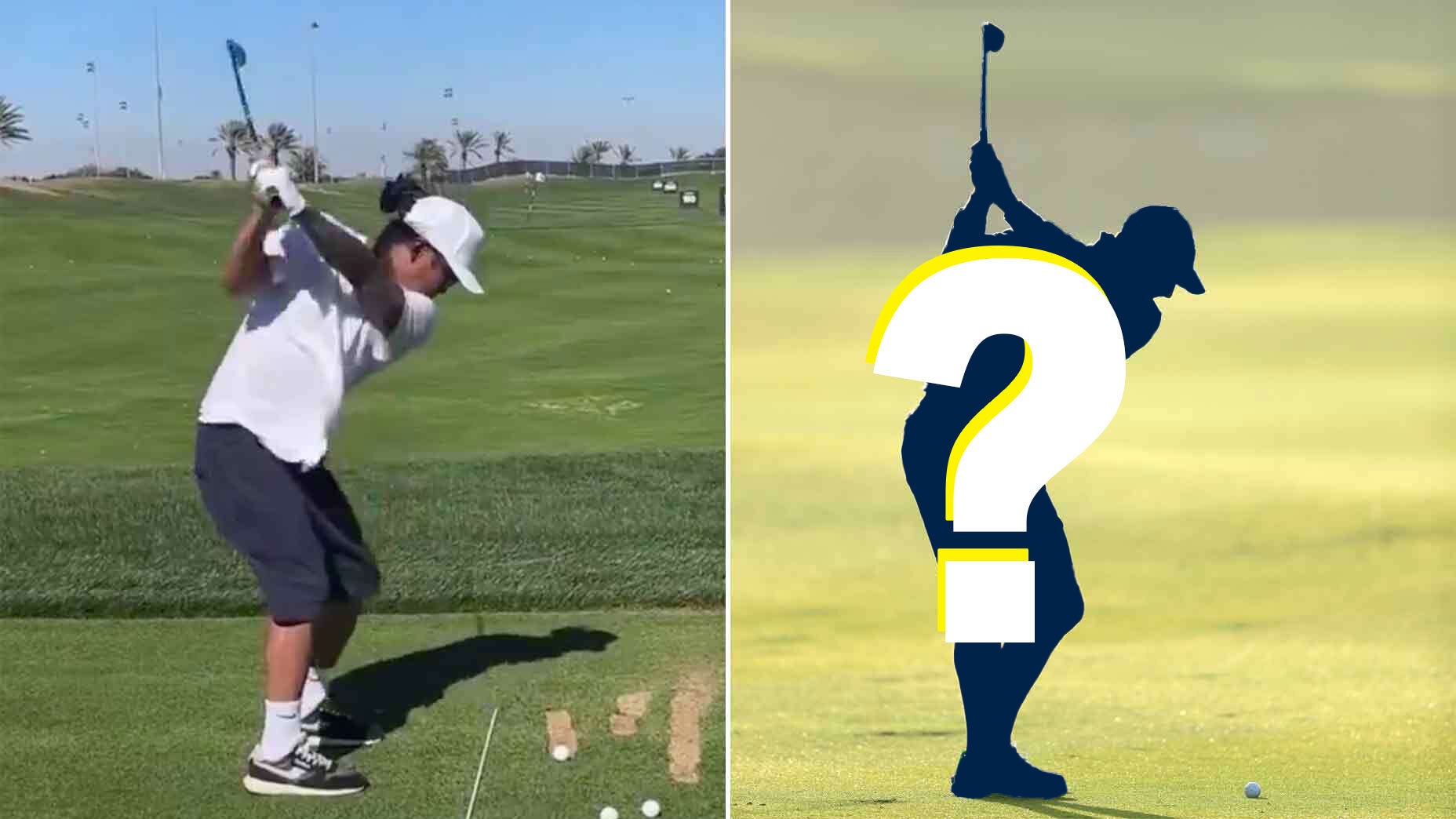 anthony kim swings side-by-side with a silhouette of rory mcilroy