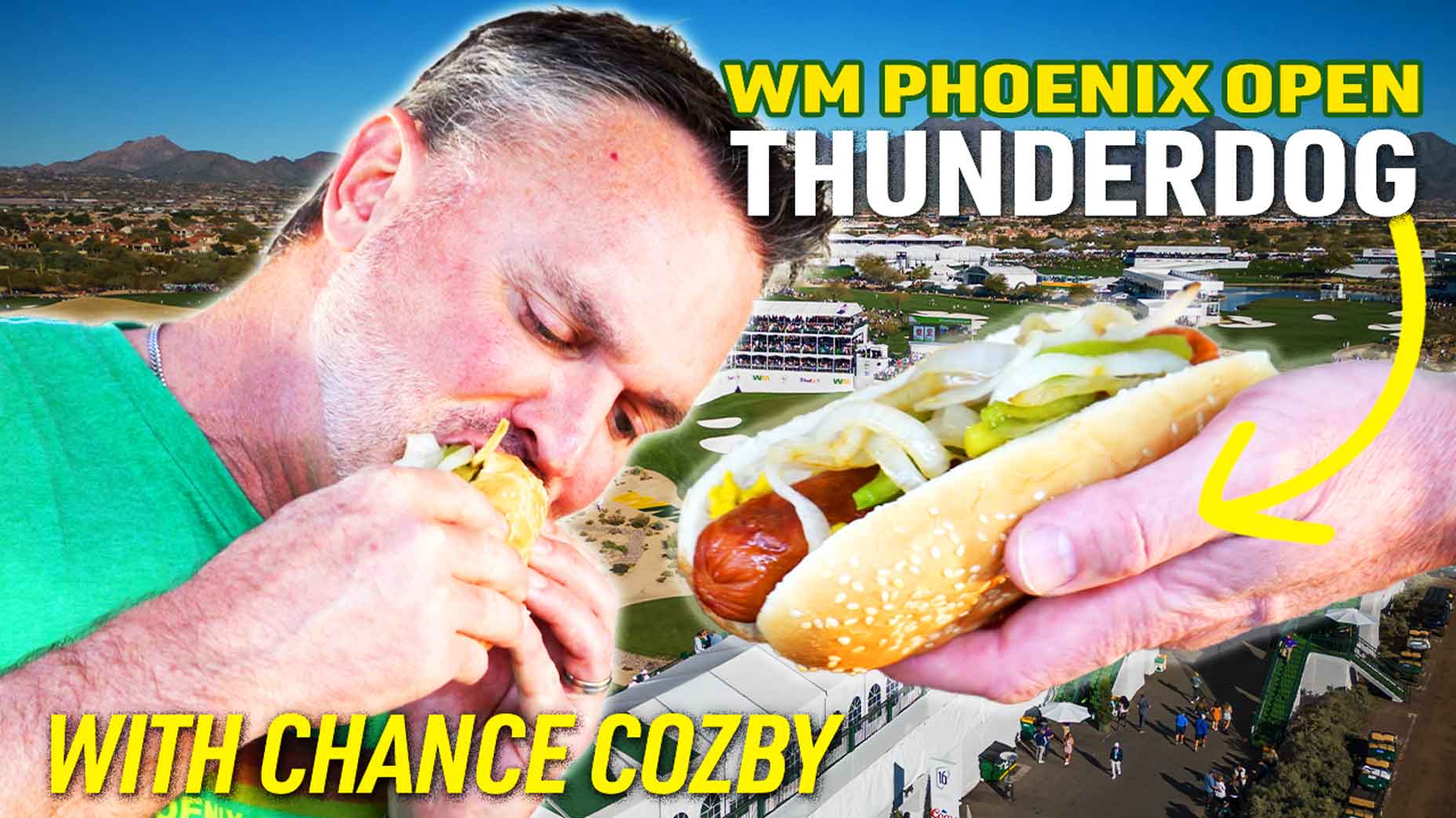 Chance Cozby eats the famous Thunderdog at the WM Phoenix Open.