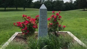 A monument at Pakachoag Golf Course marks the site of the first liquid-fuel rocket launch in history