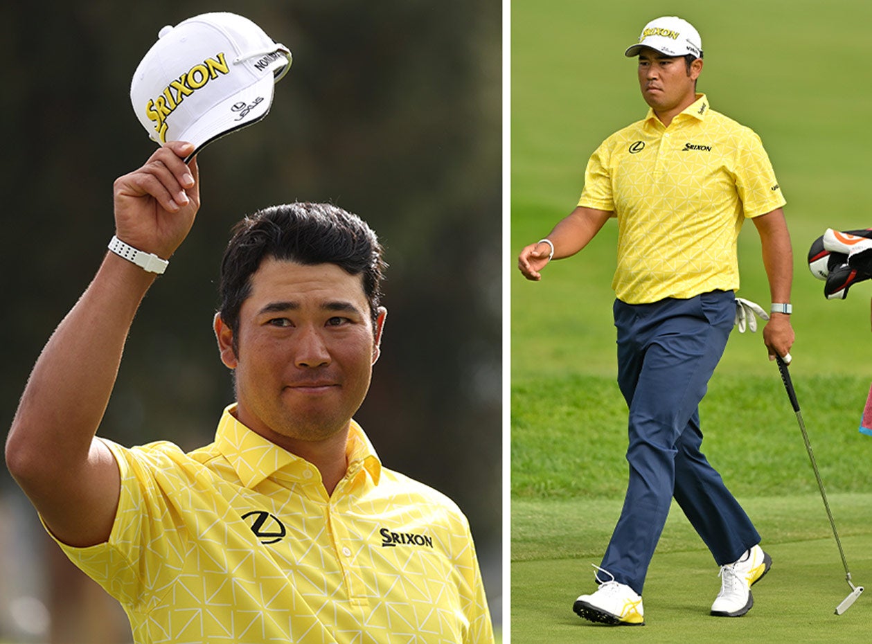 Hideki Matsuyama during the last round of the Genesis dressed in a bright golden-yellow and navy Srixon outfit with Asics spiked golf shoes.