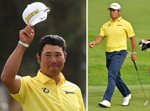 Hideki Matsuyama during the last round of the Genesis dressed in a bright golden-yellow and navy Srixon outfit with Asics spiked golf shoes.