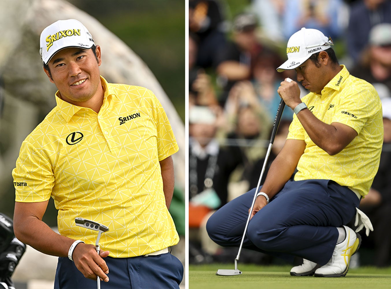 Hideki Matsuyama during the last round of the Genesis dressed in a bright golden-yellow and navy Srixon outfit with Asics spiked golf shoes.