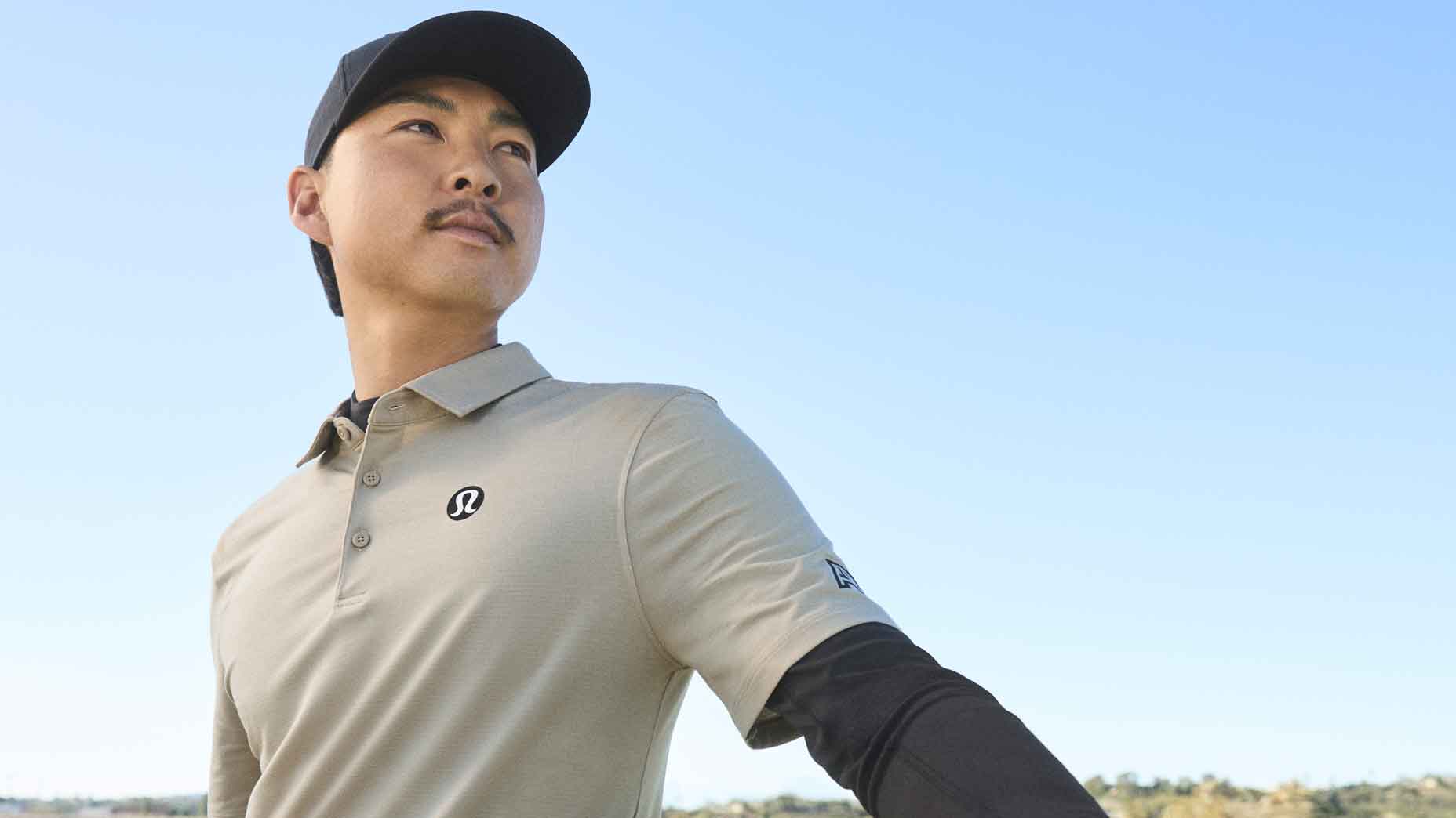 Min Woo Lee wearing a Lululemon polo during a golf course photo shoot