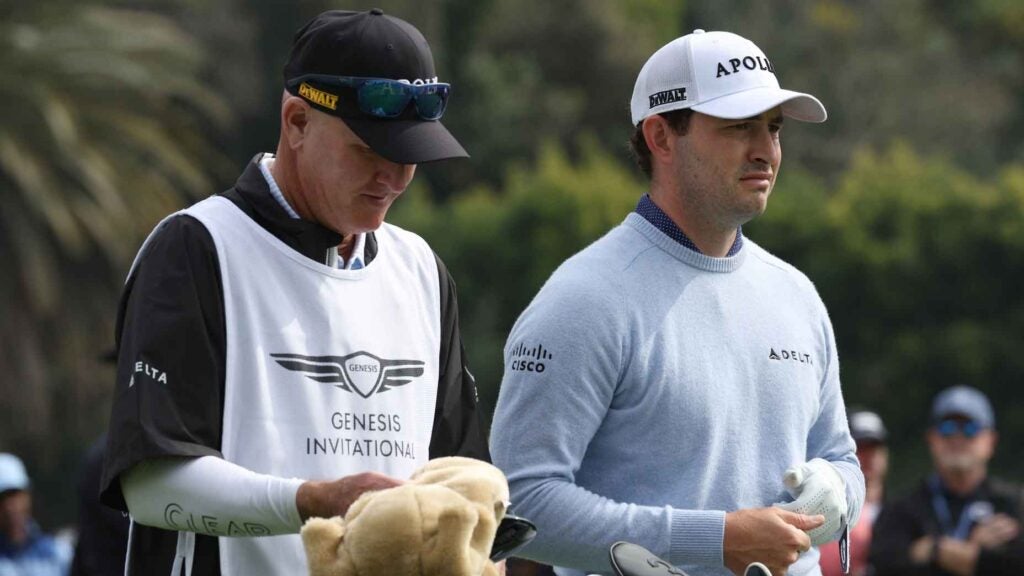 Patrick Cantlay of the United States and caddie Joe Lacava on the second tee during the second round of The Genesis Invitational at Riviera Country Club on February 16, 2024 in Pacific Palisades, California.