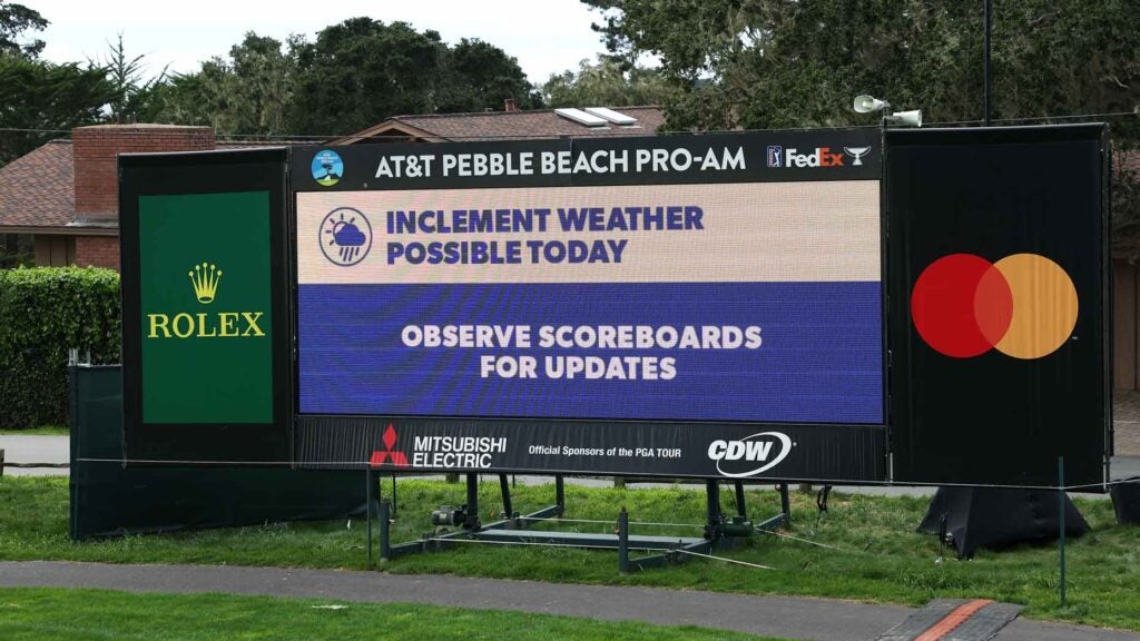A sign informing fans of weather alerts prior to the AT&T Pebble Beach Pro-Am.
