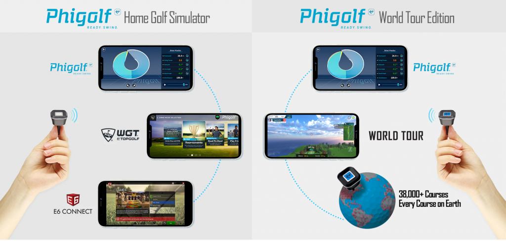 The Phigolf 2 package includes a compact swing trainer club that simulates the feel of a real golf club, as well as a sensor that can be inserted into your own clubs for use with the simulator. You can also use the Phigolf 2 swing stick and sensor with popular golfing apps like World Golf Tour and E6 Connect and play on renowned championship courses.