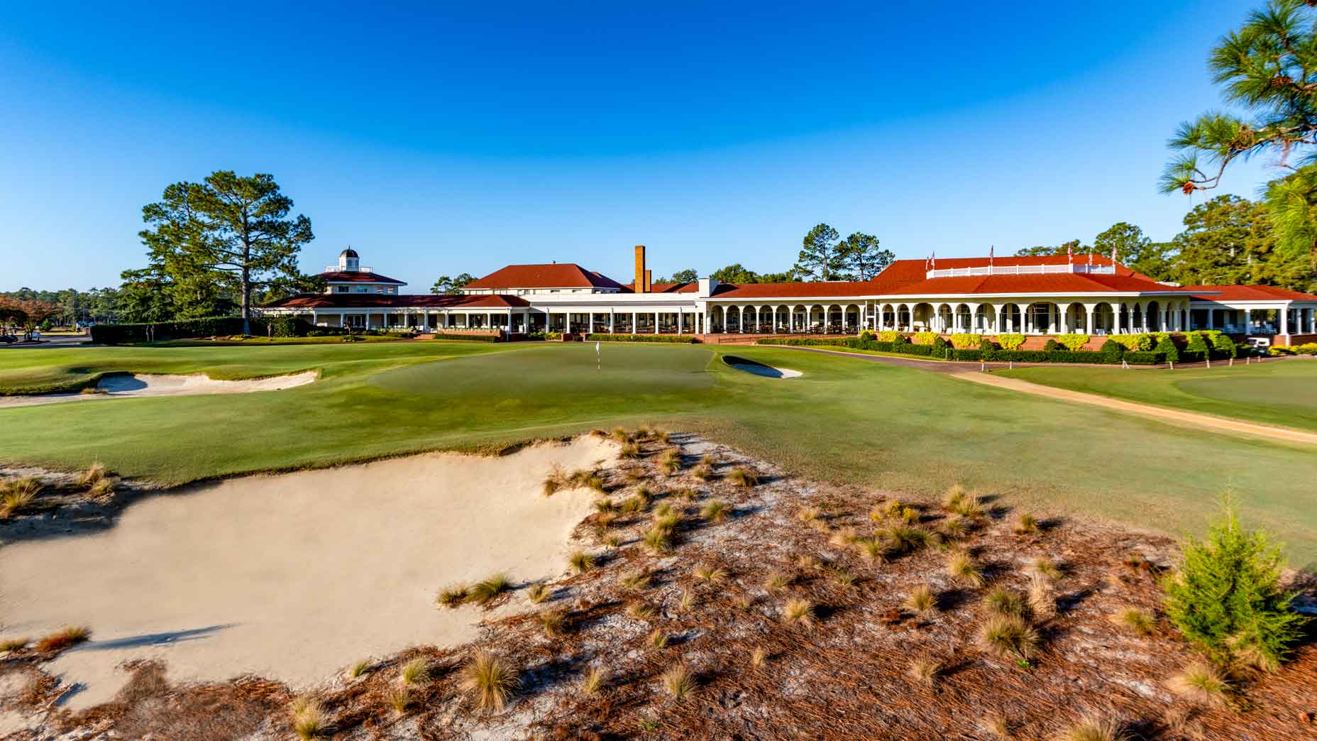 View of the 18th green at 2024 U.S. Open host course Pinehurst No. 2.