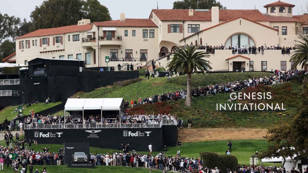 A general view of the clubhouse with the tenth tee during the third round of the The Genesis Invitational at Riviera Country Club on February 18, 2023 in Pacific Palisades, California.
