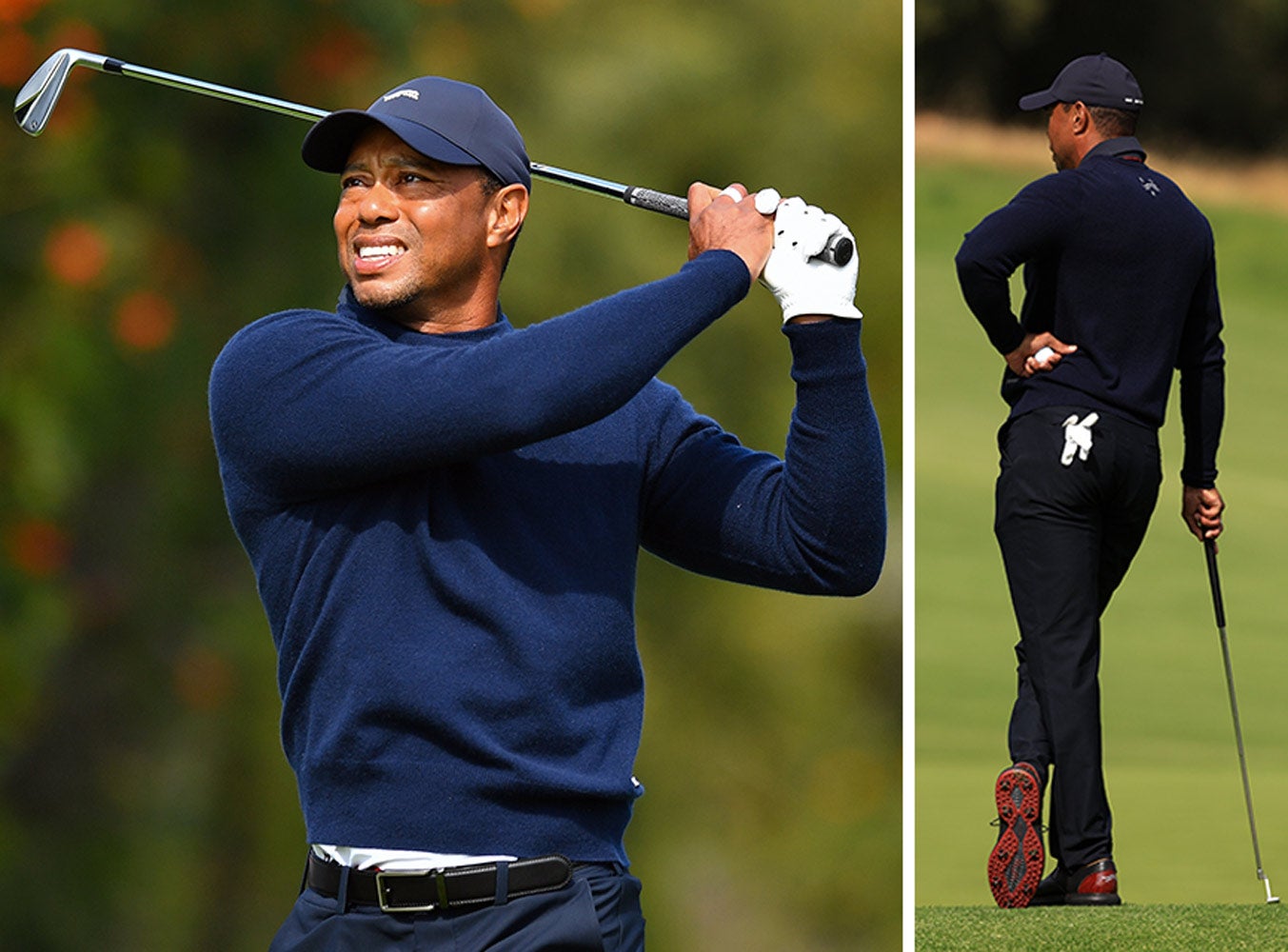 PACIFIC PALISADES, CA - FEBRUARY 16: Tiger Woods watches his tee shot on the 4th hole during the second round of the Genesis Invitational on February 16, 2024, at Riviera Country Club in Pacific Palisades, CA. (Photo by Brian Rothmuller/Icon Sportswire via Getty Images) & PACIFIC PALISADES, CALIFORNIA - FEBRUARY 16: Tiger Woods of the United States stands on the fifth green during the second round of The Genesis Invitational at Riviera Country Club on February 16, 2024 in Pacific Palisades, California. (Photo by Sean M. Haffey/Getty Images)