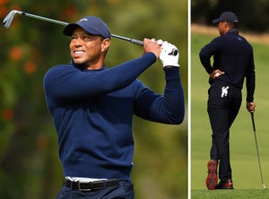 PACIFIC PALISADES, CA - FEBRUARY 16: Tiger Woods watches his tee shot on the 4th hole during the second round of the Genesis Invitational on February 16, 2024, at Riviera Country Club in Pacific Palisades, CA. (Photo by Brian Rothmuller/Icon Sportswire via Getty Images) & PACIFIC PALISADES, CALIFORNIA - FEBRUARY 16: Tiger Woods of the United States stands on the fifth green during the second round of The Genesis Invitational at Riviera Country Club on February 16, 2024 in Pacific Palisades, California. (Photo by Sean M. Haffey/Getty Images)