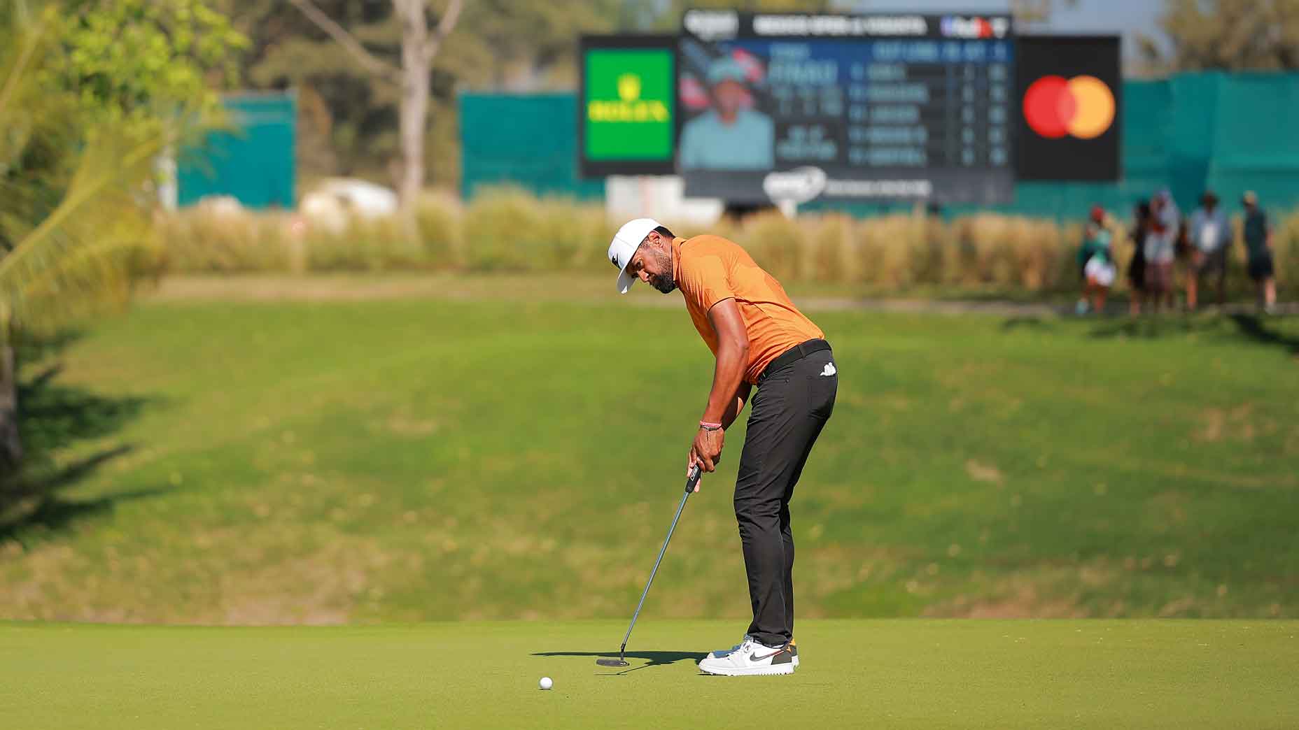 Tony Finau of the United States putts on the 9th green during the second round of the Mexico Open at Vidanta at Vidanta Vallarta on February 23, 2024 in Puerto Vallarta, Jalisco.