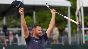 Wyndham Clark of the United States celebrates winning on the 18th green during the final round of the Wells Fargo Championship at Quail Hollow Country Club on May 07, 2023 in Charlotte, North Carolina.