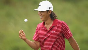 Anthony Kim of USA smiles during round two of the Iskandar Johor Open at the Horizon Hills Golf & Country Club on November 18, 2011
