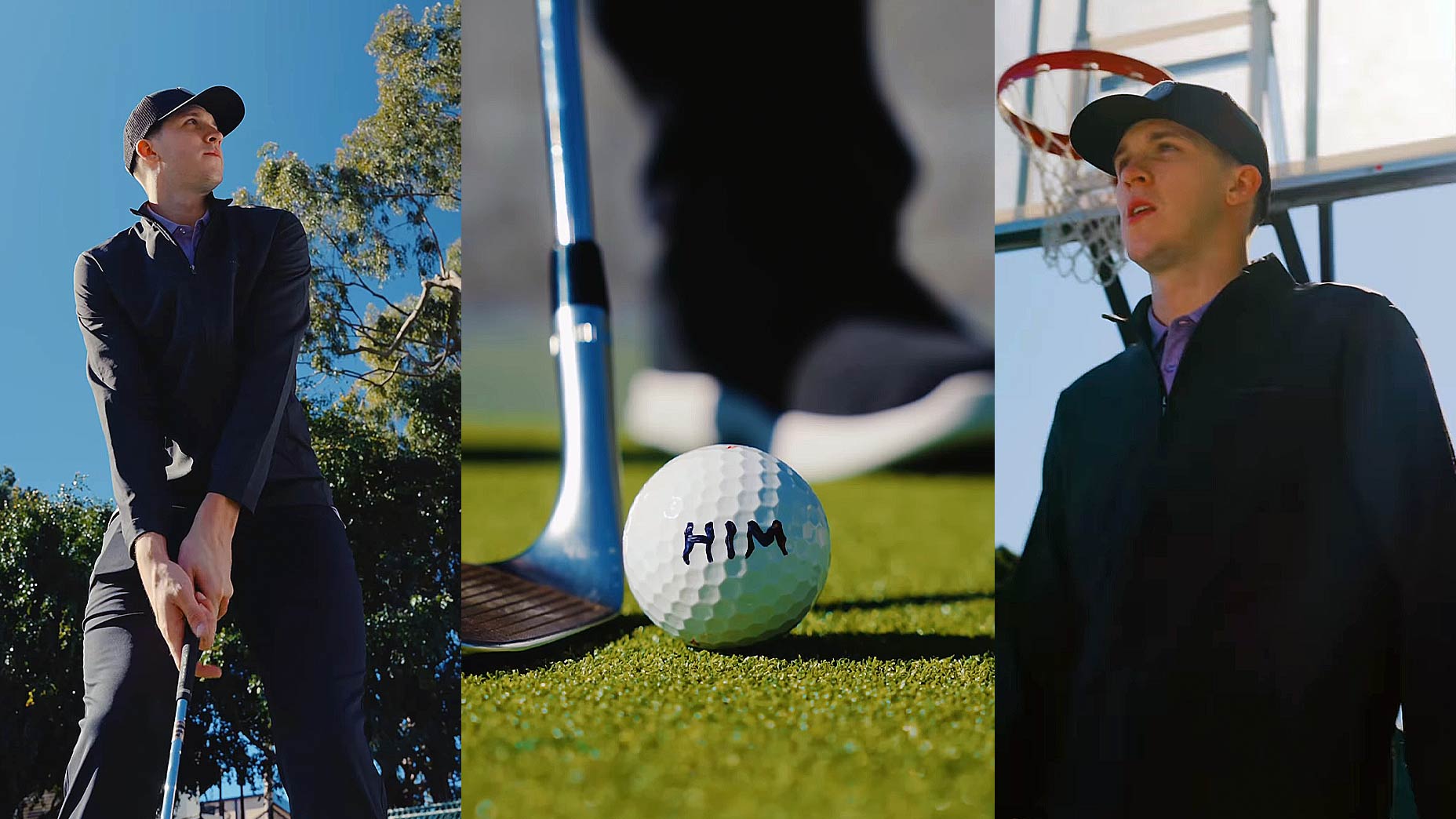 Three images of NBA player Austin Reaves playing golf