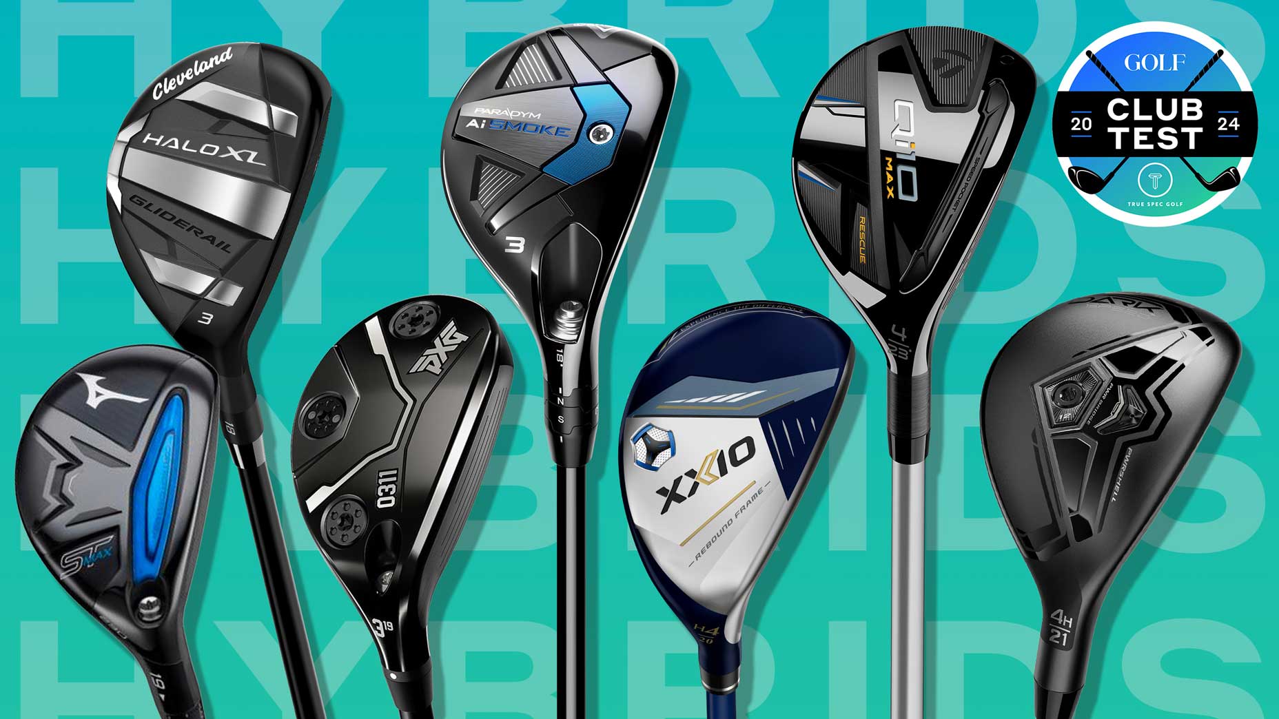 Seven new golf hybrids against a blue background