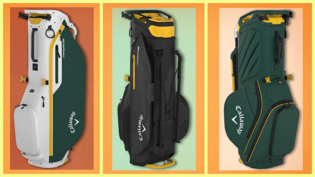 Callaway Fairway Stand Bags lineup 204 featuring 3 bag styles in this image in green, white, black, yellow.