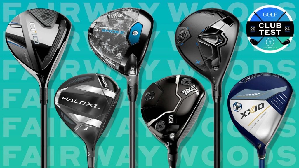 Six new fairway wood golf clubs against a blue background