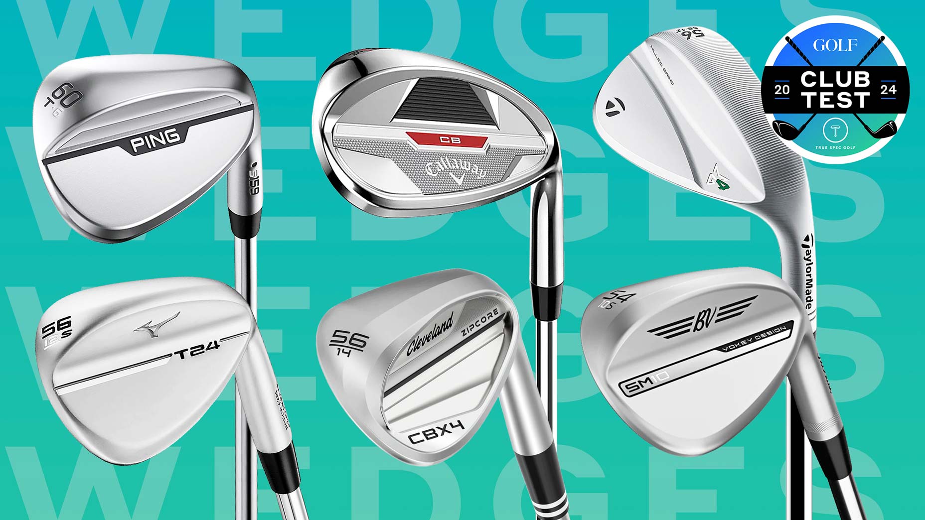 Six new golf wedges from different companies on blue background