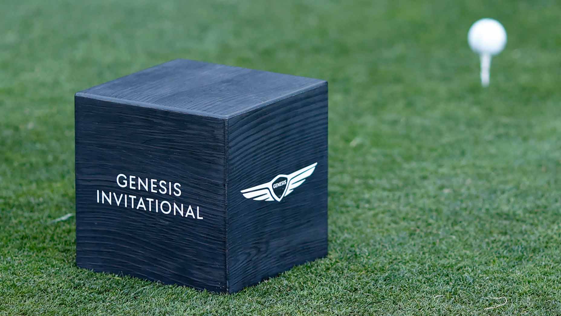 A tee marker and teed up golf ball pictured on grass at Genesis Invitational