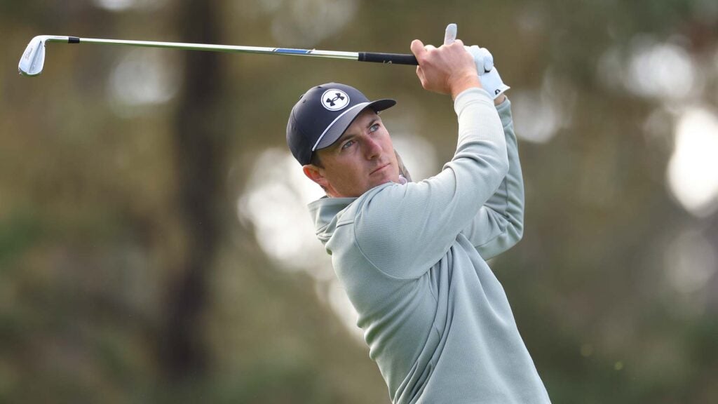 Jordan Spieth watches his shot during the 2024 AT&T Pebble Beach Pro-Am at Spyglass Hill