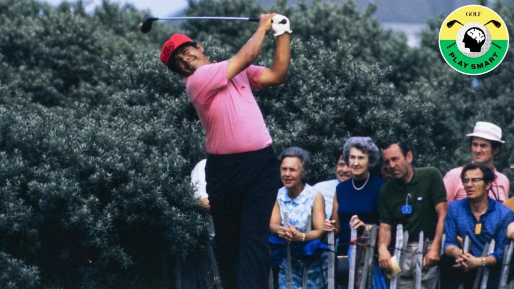 lee trevino hits a tee shot during the 1971 open championship
