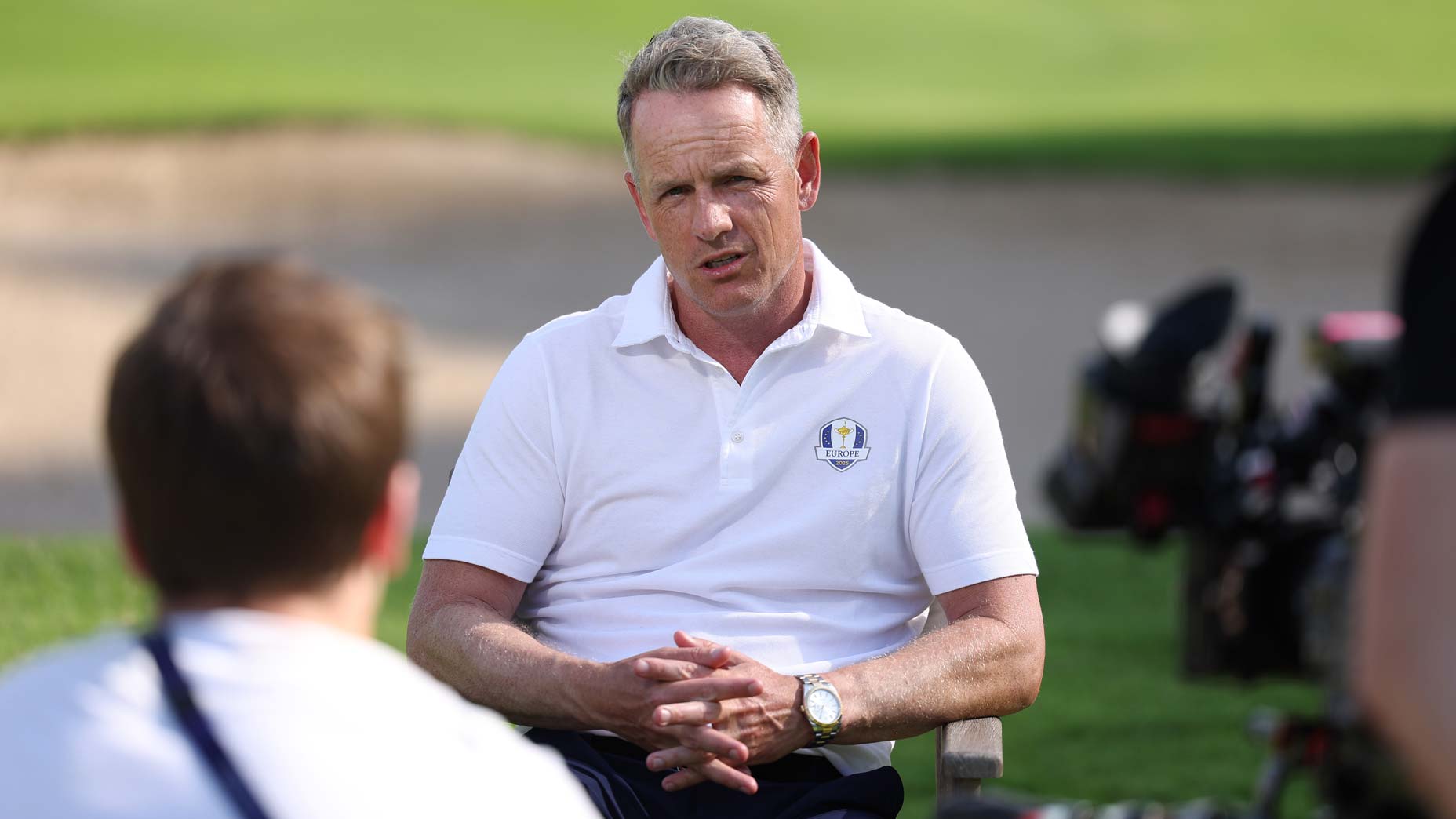 PGA Tour pro and Ryder Cup captain Luke Donald sits for interview at golf course