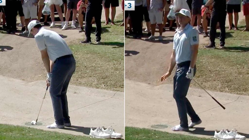 Tour pro hits bizarre shot from storm drain wearing only socks (and it works out)