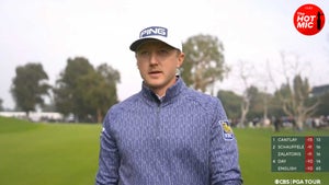 mackenzie hughes gives cbs interview at riviera in blue sweater