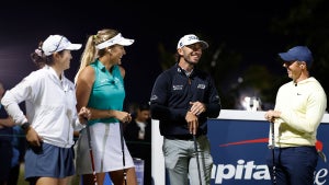 Rose Zhang, Lexi Thompson, Max Homa and Rory McIlroy talk on the fist tee during Capital One's The Match IX at The Park West Palm