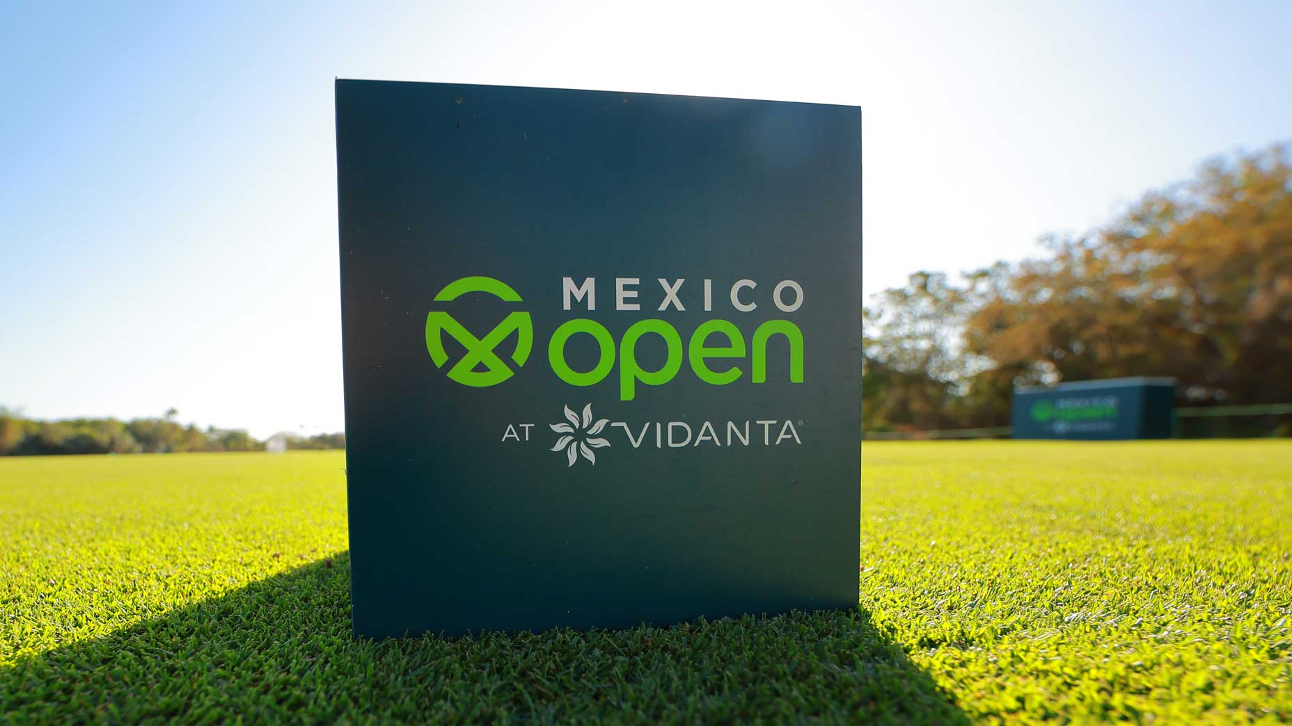 A Mexico Open tee marker on a tee box at the Mexico Open at Vidanta