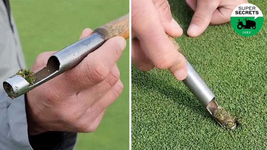 pebble beach worker repairing ball mark on green with special tool